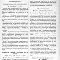 1064 - Page 1051 - Partie scientifique. L’actualité scientifique. Les sociétés Savantes. Paris. Académie de médecine. Sur la réglementation et la vente des jus de fruits, (1-3-1938) / Les dangers de l’addition d’antiseptiques aux jus de fruits, (1-3-1938) / Académie de chirurgie. Tumeurs à myéloplaxes des maxillaires, (2-2-1938) / Luxation du coude irréductible par insertion de l’épitrochlée, (2-2-1938)