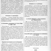 1066 - Page 1053 - Partie scientifique. L’actualité scientifique. Les sociétés Savantes. Paris. Société français d’héliothérapie et de photobiologie, Séance du 12 février 1938. Érythème photochimique et histamine / Ecchymoses et pigmentation / Les observations actinologiques de Carnac-Plage de 1929 à 1937 / Prospection des dermatoses par la photographie / Héliothérapie conservatrice et chirurgie réparatrice des tuberculoses caséeuses / Évolution de la finsenthérapie / La mesuré biologique du photo-dynamisme par l'abiophotométrie / Un procédé rapide et thérapeutique de sensibilisation à la lumière / Lille. Société médicale et anatomie-clinique. Ostéomyélite de l’os frontal par sinusite frontale chronique