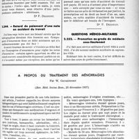 1090 - Page LIII-1077 - Correspondance. Application des tarifs d’honoraires. b) Accidents du Travail. 1° A propos de l’ostéo-synthèse ; 2° Réduction d'une fracture de jambe sous écran / Retard du paiement d'une note en accident du travail / Questions médico-militaires. Promotion au grade de médecin sous-lieutenant