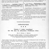 1134 - Page 1121 - Partie scientifique. L’actualité scientifique. Les Thèses. Étude statistique des teignes du cuir chevelu dans le département d’Ille-et-Vilaine pendant vingt-cinq ans, par Dr Y. Lecomte, (1911-1935) / Contribution à l’étude de la pathogénie et du traitement de l’éclampsie, emploi du sébum glucose hypertonique intraveineux, Dr G. Boennec, (Thèse 1938) / Expérimentation de l’apicothérapie à l’hôpital militaire thermal de Bour-bonne-les-Bains, par Dr J. Bornet, (Thèse 1937) / Thérapeutique. Vitamine C (Acide I-ascorbique). Son rôle dans les phénomènes d’intolérance divers, par le Docteur J. Bénech