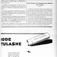 1152 - Page LIX-1139 - A travers l’officiel. Fédération corporative des médecins de la région parisienne. Contre la proposition de loi Seillier sur l’adjonction de mentions de spécialités au doctorat en médecine / XVIIIe Banquet du Syndicat des médecins de la Seine