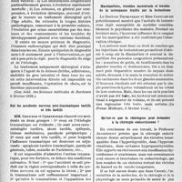 1193 - Page 1180 - Partie scientifique. L’actualité scientifique. La Presse. Sur certaines formes des sténoses congénitales du duodénum [(Gaz. hebd. des Sciences médicales de Bordeaux 6 février 1938)] / Sur les accidents nerveux post-traumatiques tardifs et très tardifs [(Revue de Médecine, décembre 1937)] / Mastopathies, troubles menstruels et troubles de la ménopause traités par la testostérone [(La Presse Médicale, 5 février l938)] / Qu’est-ce que le chirurgien peut demander à la chirurgie endocrinienne ? [(Le Progrès Médical, 5 février 1938)]