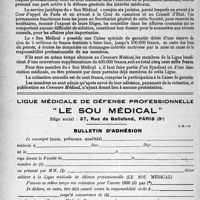 1399 - Page 1386-XLVI - Correspondance. Assurances sociales. La défense professionnelle du médecin par le sou médical / Ligue médicale de défense professionnelle, “le sou médical ”. Bulletin d’adhésion