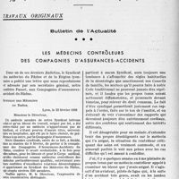 1502 - Page 1489 - Partie professionnelle, Hygiène, Assistance, Mutualité, Intérêts corporatifs, Variétés. Travaux originaux. Bulletin de l’Actualité. Les médecins contrôleurs des compagnies d'assurances-accidents [Dr Raphaël Massart]