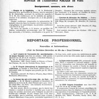 1575 - Page 1562 - Partie professionnelle, Hygiène, Assistance, Mutualité, Intérêts corporatifs, Variétés. Faculté de médecine de Paris. Enseignement et actes de la Faculté / Hôpitaux de l’assistance publique de Paris. Enseignement, concours, avis divers / Reportage professionnel. Nouvelles et Informations. La 1ere réunion de l’association des microbiologistes de langue français / Le Xe Congrès international de dermatologie et de syphilologie / La hausse des prix et la coupe dite « de Paris » en boucherie / La Ligue contre la surdité / Le XVIIe Congrès d’anesthésie