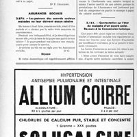 1585 - Page 1572-LII - Correspondance. Application des tarifs d’honoraires. b) Assurances sociales. A propos : 1° de certaines radioscopies d'un usage plutôt rare ; 2° des analyses biologiques, etc.. / Assurances sociales. Les patrons des assurés sociaux malades ne leur doivent aucun salaire / Contestation sur l’état de maladie d'un assuré social. Recours à la Commission technique