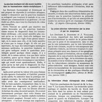 1790 - Page 1777 - Partie scientifique. L’actualité scientifique. La Presse. La ponction lombaire est-elle encore justifiée dans les traumatismes cranio-encéphaliques ? [(L’Algérie Chirurgicale, février 1938)] / La primo-infection tuberculeuse par la peau et par les muqueuses [(Revue de Médecine, janvier 1938)] / La tuberculose rénale chirurgicale chez l’enfant [(Le Scalpel, 19 mars 1938)]