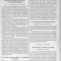 1792 - Page 1779 - Partie scientifique. L’actualité scientifique. Les Sociétés Savantes. Paris. Académie de médecine. Fonctionnement pendant quinze années d’une chambre d’allaitement, 10-5-1938 / Il naît moins d’enfants, en France, à la campagne qu’à la ville, 10-5-1938 / Le rôle du médecin dans l’orientation de l’enfant, 10-5-1938 / Académie de chirurgie. Exérèse précoce des cancers de l’estomac, 16-2-1938