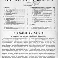 1824 - Page 1 - Supplément mensuel. Documentation professionnelle permanente du médecin praticien. Les impôts médecin / Sommaire / Bulletin du mois. La naissance du nouveau Supplément documentaire