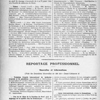 1991 - Page 1854 - Partie professionnelle, Hygiène, Assistance, Mutualité, Intérêts corporatifs, Variétés. Faculté de médecine de Paris. Enseignement et actes de la Faculté / Reportage professionnel. Nouvelles et Informations. Troisième Congrès international de médecine tropicale et du paludisme / Une loi de l’État de la Caroline du Nord pour le dépistage de la syphilis chez les domestiques / Ligue internationale contre le rhumatisme