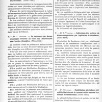 2083 - Page 1946 - Partie scientifique. L’actualité scientifique. Les Thèses. Les suites médicales de la cholécystectomie, par Dr G. Bonnet. (Thèse 1938) / Le traitement des lésions intestinales trouvées au cours des interventions pour hernies étranglées, Dr. Chatan, (Thèse 1938) / L'anémie hémolytique avec hémoglobinurie-hémosidérimurie. Maladie de Marchlafava-Micheli, Dr R. Gaube, (Thèse 1938) / Indications des sections de brides endopleurales par l’opération de Jacobaeus, Dr P. Verljac, (Thèse 1938) / Contribution à l’étude du phényléthylbarbiturate de quinine utilisé. comme hypnotique et neurosédatif, Dr J. Candau (Thèse 1938)