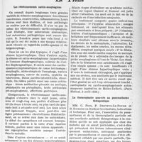 2122 - Page 1985 - Partie scientifique. L’actualité scientifique. La Presse. Les rétrécissements cardio-oesophagiens [(Paris Médical, 2 avril 1938)] / La thoracoplastie associée au pneumothorax thérapeutique [(La Presse Médicale, 2 mars 1938)]