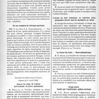 2125 - Page 1988 - Partie scientifique. L’actualité scientifique. Les Sociétés Savantes. Paris. Société des chirurgiens de Paris, Séance du 1er avril 1938. Rupture du ménisque externe du genou / Un cas complexe de chirurgie gastrique / Société de médecine de Paris, Séance du 9 avril 1938. Cancer du corps de l’utérus (présentation de pièces opératoires) / La genèse du cancer / L’alcool au tiers isotonique en injection intra-pulmonaire directe chez les bacillaires au début / Le rhume des foins. — Essai pathogénique / Grippe grave traitée par l’opothérapie spléno-surrénale