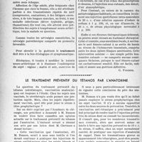 2209 - Page 2072 - Partie scientifique. Travaux originaux. La clinique au goût du jour. Dans la cuisse, face externe, des douleurs intermittentes résistent aux moyens habituels ?, d’après le Docteur L. Ramond. La solution et le traitement rationnel [G. Fischer] / Le traitement préventif du tétanos par l'anatoxine [P. Lacroix]