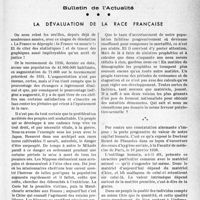 2214 - Page 2077 - Partie professionnelle, Hygiène, Assistance, Mutualité, Intérêts corporatifs, Variétés. Bulletin de l’Actualité. La dévaluation de la race français [G. Lavalée]