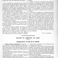 2220 - Page 2083 - Partie professionnelle, Hygiène, Assistance, Mutualité, Intérêts corporatifs, Variétés. L’actualité professionnelle. A propos des conflits pouvant s’élever entre médecin de contrôle et médecin traitant [Dr J. Vanverts] / Faculté de médecine de Paris. Enseignement et actes de la Faculté