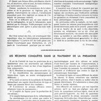 2249 - Page 2112 - Partie scientifique. La clinique au goût du jour. L’influence possible d’une grossesse sur l’évolution de la tuberculose pulmonaire, d’après le Docteur J. Hartmann. Contre l’aggravation de la tuberculose : traitement conservateur ou avortement thérapeutique ? [G. Fischer, G. Lavalée] / Les récentes conquêtes dans le traitement de la pneumonie