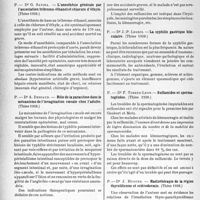 2253 - Page 2116 - Partie scientifique. L'actualité scientifique. Les Thèses. L’anesthésie générale par l’association tribromo-éthanol et chlorure d’éthyle, par Dr G. Savina (Thèse 1938) / Rôle de la parasitose dans le mécanisme de l’invagination caecale chez l’adulte, par Dr A. Deniaud (Thèse 1938) / Chimiothérapie anti-bactérienne par certains composés benzéniques soufrés, par Dr S. Cholodenko (Thèse 1938) / La syphilis gastrique biloculaire, par Dr J. -P. Legris (Thèse 1938) / Sulfamides et spermatogénèse, Dr F. Torres-Leon (Thèse 1938) / Radiothérapie de la région thyroïdienne et sclérodermie, Dr J. Hugues (Thèse 1938)