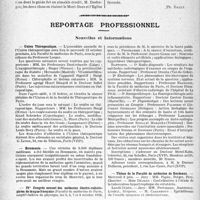 2301 - Page 2164 - Partie professionnelle, Hygiène, Assistance, Mutualité, Intérêts corporatifs, Variétés. L’actualité professionnelle. La société de cardiologie à Royat [Ph. Dally] / Reportage professionnel. Nouvelles et Informations. Union Thérapeutique / Roumanie / IVe Congrès annuel des médecins électro-radiologistes de langue français / Thèses de la Faculté de médecine de Bordeaux