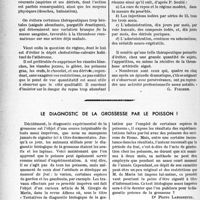 2377 - Page 2240 - Partie scientifique. Travaux originaux. La clinique cardiologique au goût du jour. Un dépistage d’une importance capitale pour le pronostic : l’infarctus du myocarde à sa phase prémonitoire, d’après les travaux du Professeur agrégé A. Dumas et ceux du Docteur P. Soulié. L’efficacité d’un traitement rationnel précoce [G. Fischer] / Le diagnostic de la grossesse par le poisson ! [Dr Pierre Labignette]