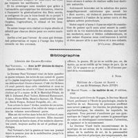 2392 - Page 2255 - Partie professionnelle, Hygiène, Assistance, Mutualité, Intérêts corporatifs, Variétés. « Les bois sacrés » cimetières de l’avenir, devant les points de vue philosophique et scientifique [Dr Clavel] / Bibliographie. Avec la 67e division de réserve, par Paul Voivenel, Librairie des Champs-Elysées (1933-1938) [J. Noir] / La maîtrise de soi, par Dr Marcel Viard, Editions de « Calme Et Santé », Paris 1938