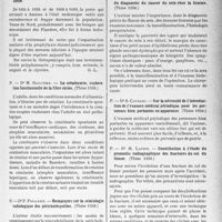 2440 - Page 2303 - Partie scientifique. L’actualité scientifique. Les Thèses. L’ozone en thérapeutique. Ses indications en oto-rhino-laryngologie, par Dr R. Biette (Thèse 1938) / La peste à Amiens au XVIIe siècle, par Dr M. Malpart / La créatinurie, exploration fonctionnelle de la fibre striée, par Dr M. Gaultier (Thèse 1938) / Remarques sur la sémiologie radiologique des péricholécystites, par Dr P. Fouassin (Thèse 1938) / La pharmacie dans les asiles d’aliénés. Son organisation, avec commentaires du Règlement modèle du 5 février 1938 du service intérieur des hôpitaux psychiatriques, par Dr L. -L. Godard (Thèse1938) / Contribution à l’étude du diagnostic du cancer du sein chez la femme, par Dr S. Schermann (Thèse 1938) / Sur la nécessité de l’introduction de l’examen médical périodique pour les personnes bien portantes en apparence, par Dr S. Covaliu (Thèse 1938) / Contribution à l’étude du pronostic radiographique des fractures du col du fémur, par Dr M. Lapipe (Thèse 1938)