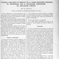 2530 - Page 2393 - Partie scientifique. Travaux originaux. Technique, indication et résultat de la sacro-anesthésie épidurale, en obstétrique, par la novocaine additionnée de phtalamate d’éthyle, par Ch. Chauveau