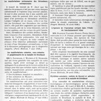2538 - Page 2401 - Partie scientifique. L’actualité scientifique. La Presse. Les manifestations pulmonaires des thromboses coronariennes [(Paris Médical, 7 mai 1938)] / Les manifestations cutanées, sous-cutanées et ganglionnaires de la maladie de Bouillaud [(Revue Médicale de Nancy, 1er mai 1938)] / Furoncles de la face et vaccinothérapie [(Le Progrès Médical, 16 avril 1938)] / L’épreuve de l’épuration uréique dans l’étude du fonctionnement rénal [(La Presse Médicale, 30 avril 1938)] / Érythème annulaire, nodules de Meynet et adénites au cours de la maladie de Bouillaud [(Bulletin Médical, 30 avril 1938)]