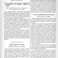 2539 - Page 2402 - Partie scientifique. L’actualité scientifique. Les Sociétés Savantes. Paris. Académie de médecine. Le rôle du système nerveux dans les modifications pathologiques de la circulation sanguine du poumon, (5-7-1938) / Académie de chirurgie. Typhlite gangréneuse localisée, (27-4-1938) / Un cas de camptodactylie des deux pouces, (27-4-1938)