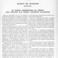 2544 - Page 2407 - Partie professionnelle, Hygiène, Assistance, Mutualité, Intérêts corporatifs, Variétés. Bulletin de l’Actualité. Les risques professionnels du médecin sont beaucoup plus grands aujourd’hui qu’autrefois [Dr Raphaël Massart]