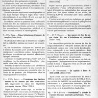 2664 - Page 2527 - Partie scientifique. L’actualité scientifique. Les Thèses. Contribution à l’étude de l’atélectasie pulmonaire post-hémoptoïque, par Dr P. Randon (Thèse 1938) / Crises épileptiques et bromure de camphre, par Dr L. Bera (Thèse 1938) / L’enclouage des fractures récentes du col fémoral par voie extra-articulaire, traitement de choix des fractures cervicales vraies, par Dr Ph. Genty (Thèse 1938) / Recherches sur la précipitation des sérums par quelques acides minéraux dilués, par A- Dr E. Colin (Thèse 1938) / Les cancers du foie de longue durée. Un cas d’épithélioma en palissade par Dr P. Chigot (Thèse 1938) / La syphilis à Brest de 1919 à 1938, par Dr Delaporte (Thèse 1938) / Contribution à l’étude de l’arsenic des eaux minérales pyrénéennes, par Dr P. Pérus (Thèse, 1938)