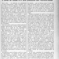 2672 - Page 2535 - Partie professionnelle, Hygiène, Assistance, Mutualité, Intérêts corporatifs, Variétés. La médecine professionnelle et sociale à l’étranger, par le Docteur Fernand Decourt. Le contrôle des malades et le secret professionnel dans l’assurance-maladie