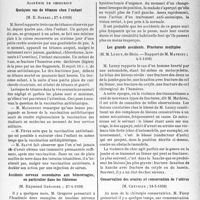 2726 - Page 2589 - Partie scientifique. L'actualité scientifique. Les Sociétés Savantes. Paris. Académie de chirurgie. Quelques cas de tétanos chez l’enfant, (27-4-1938) / Accidents nerveux secondaires aux hémorragies, en particulier dans les fibromes, (27-4-1938) / Les grands accidents. Fractures multiples, (4-5-1938) / Conservation des ovaires et conservation de l’utérus, (18-5-1938)