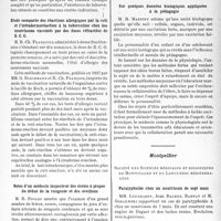 2730 - Page 2593 - Partie scientifique. L'actualité scientifique. Les Sociétés Savantes. Paris. Société médico-chirurgicale des hôpitaux libres, (Séance du 3-5-1938). Trois cas de tuberculose cutanée réactivée et aggravée par une cuti-réaction / Étude comparée des réactions allergiques par la cuti et l’intradermoréaction à la tuberculine chez des nourrissons vaccinés par des doses réfractées de B. C, G / Notes d’un médecin inspecteur des écoles à propos du début de la rougeole et des oreillons / Sur quelques données biologiques appliquées à la pédagogie / Montpellier. Société des sciences médicales et biologiques de Montpellier et du Languedoc méditerranéen. Paratyphoïde chez un nourrisson de sept mois / Leucémie myéloïde à évolution aiguë