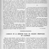 2737 - Page 2600 - Partie professionnelle, Hygiène, Assistance, Mutualité, Intérêts corporatifs, Variétés. Bulletin de l’Actualité. S. O. S [G. Lavalée] / L’exercice de la médecine dans les régions désertiques de l’Australie