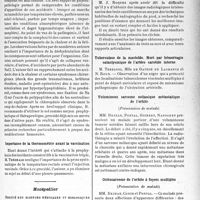 2796 - Page 2659 - Partie scientifique. L’actualité scientifique. Les Sociétés Savantes. Paris. Société de médecine militaire français, (Séance du 7-4-1938). Les accidents dus à la chaleur / Importance de la thermométrie avant la vaccination / Montpellier. Société des sciences médicales et biologiques de Montpellier et du Languedoc méditerranéen. L’oedème aigu du poumon chez l’enfant / L’anatomie radiologique normale de trois cunéiformes / Tuberculose de la mastoïde. Mort par hémorragie cataclysmique de l’artère carotide interne / Volumineux sarcome mélanique métastatique de l’orbite / Ostéosarcome de l’orbite à foyers multiples
