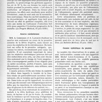 2853 - Page 2716 - Partie scientifique. L’actualité scientifique. La Presse. La chrysothérapie en dehors de la tuberculose. Syphilis. Peau. Rhumatismes [(Le Progrès Médical, 18 juin 1938)] / Anuries scarlatineuses [(Le Bulletin Médical, 18 juin 1938)] / Gomme syphilitique du poumon [(La Presse Médicale, 21 mai 1938)]