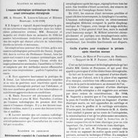 2854 - Page 2717 - Partie scientifique. L’actualité scientifique. Les Sociétés Savantes. Paris. Académie de médecine. L’examen radiologique systématique du thorax avant intervention chirurgicale, (4-10-1938) / Académie de chirurgie. Rétrécissement essentiel de l’extrémité inférieure de l’oesophage, (18-5-1938) / Greffe d’artère pour remplacer le périoste après résection osseuse, (18-5-1938)