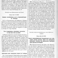 2912 - Page 2775 - Partie scientifique. L'actualité scientifique. Les Sociétés Savantes. Paris. Société de médecine de Paris, Séance du 13-5-1938. Diathermo-coagulation des métrites / Société des Chirurgiens de Paris, Séance du 1-3-1938. Quelques considérations sur la vitaminothérapie en chirurgie / Trois invaginations intestinales successives en sept mois chez un adulte / Gastrectomie pour volumineux cancer de l’estomac / Un cas d’appendicite aiguë dans une hernie rurale / Un curieux cas de fractures spontanées / Société médico-chirurgicale des hôpitaux Libres, Séance du 3-6-1938. Chorée vraisemblablement rhumatismale avec endocardite mitrale ancienne. Echec des médications habituelles. Guérison des phénomènes choréiques après injection de Propidon