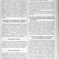 2980 - Page 2841 - Partie scientifique. L’actualité scientifique. Les Sociétés Savantes. Paris. Société de médecine de paris (10-6-1938). Notions récentes sur le vertige / La chirurgie du nerf auditif dans le traitement des vertiges (avec film opératoire en couleurs) / La définition de l’asthme / Film de neuropsychiatrie / Société médico-chirurgicale des hôpitaux libres (3-6-1938). Cinq cas de chancres syphilitiques du col de l’utérus accompagnés d’une adénopathie pelvienne nettement perceptible au toucher vaginal / Les sérums de convalescents dans la pratique médicale : indications, mode d’emploi, organisation d’un centre parisien / Traitement des lombalgies et des sclatiques par les manipulations orthopédiques / La participation de la flore bactérienne dans l’amiblase intestinale