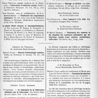 2984 - Page 2845 - Partie scientifique. L’actualité scientifique. Les Livres. Les Livres qui viennent de paraître / Traitement des entorses et des séquelles des contusions articulaires par les injections locales d’une solution anesthésique sulfo-iodée, Dr Marcel Thomas / Manuel d’hématologie pratique. Edouard Peyre / Le traitement de la tuberculose pulmonaire par la tuberculine, Dr Jaquerod, Suisses / Vitamines des aliments, Maurice Uzan