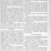 3042 - Page 2901 - Partie scientifique. L'actualité scientifique. La Presse. Reins et hypertension artérielle [(La Presse Médicale, 8 octobre 1938)] / Sur le caractère familial de la tuberculose pulmonaire de l’adulte [(Lyon Médical, 9 octobre 1938)] / Le cancer de la langue [(La Science Médicale Pratique, octobre 1938)]