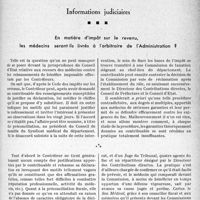 3056 - Page 2915 - Partie professionnelle, Hygiène, Assistance, Mutualité, Intérêts corporatifs, Variétés. L'actualité professionnelle. Informations judiciaires. En matière d'impôt sur le revenu, les médecins seront ils livrés à l'arbitraire de l’Administration ?