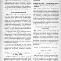 3105 - Page 2962 - Partie scientifique. L’actualité scientifique. Les Sociétés Savantes. Paris. Société médico-chirurgicale des hôpitaux libres, Séance du 4-7-1938. Le régime sans graisse en dermatologie. Application de quelques régimes en dermatologie / De l’érythème noueux familial / Le diagnostic du mal de Pott par la radiographie en coupes minces / Disparition du signe d’Argyll-Robertson chez un paralytique général traité par l’impajudation et le Stovarsol / Névralgies sclatiques par radiculo-arachnoidite lombo-sacrée / Société de médecine militaire français, Séance du 7-7-1938. A propos des traumatismes du coude