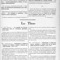 3108 - Page 2965 - Partie scientifique. L’actualité scientifique. Les Congrès. Troisième congrès international de médecine tropicale et du paludisme, (Amsterdam — 24 septembre- 1er octobre 1938) / Les Thèses. La pluralité des facteurs pathogéniques dans les ulcérations gastriques, Dr F. Toravel (Thèse 1938) / Contribution à l’étude du traitement des brûlures cutanées profondes par l’acide tannique; Dr M. Arlaud (Thèse 1938) / — Contribution au traitement de la luxation récidivante de la rotule, Dr F. Chaigneau / Contribution à l’étude des cancers multiples, à propos d’un cas de cancer double primitif de l’estomac, Dr P. Flesch (Thèse 1938) / Contribution à l’étude des mylases oculaires, Dr A. Rafael (Thèse 1938)