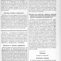 3172 - Page 3027 - Partie scientifique. L'actualité scientifique. Les Sociétés Savantes. Paris. Société de médecine militaire français, (7 et 9-7-1938). Coma barbiturique : traitement par injections intra-veineuses de strychnine / Septicémies mortelles à staphylocoque / Nouvel aspect du problème de la tuberculose des Noirs / Rhumatisme et infections amygdaliennes / La fièvre bilieuse hémoglobinurique observée en France. A propos de deux cas récents / Remorque pour radioscopie ambulante. Remorque légère pour évacuation de grands malades et blessés. Lanterne transportable pour projection fixe / Toulouse. Société de médecine. Diverticulose intestinale