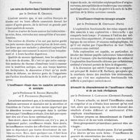 3174 - Page 3029 - Partie scientifique. L'actualité scientifique. Les Congrès. IIe congrès de l'insuffisance rénale, (Evian, 22-24 septembre 1938). Rapports. Les cures de diurèse dans l’histoire thermale, par le Docteur E. Chabrol / L’insuffisance rénale dans les maladies nerveuses et mentales, par le Professeur H. Roger et Y. Poursines / L’insuffisance rénale en chirurgie urinaire, par le Professeur M. Chevassu / Nécessité du démembrement de l’insuffisance rénale et de ses tests révélateurs, par le Professeur J. Castaigne