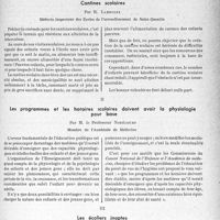 3186 - Page 3041 - Partie professionnelle, Hygiène, Assistance, Mutualité, Intérêts corporatifs, Variétés. Comité national de l’enfance. Questions scolaires. I, Cantines scolaires / II, Les programmes et les horaires scolaires doivent avoir la physiologie pour base / III, Les écoliers inaptes