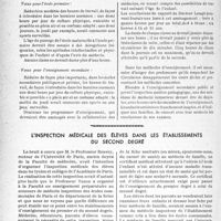 3189 - Page 3044 - Partie professionnelle, Hygiène, Assistance, Mutualité, Intérêts corporatifs, Variétés. Comité national de l’enfance. Questions scolaires. VI, La fatigue à l'école / L’inspection médicale des élèves dans les établissements du second degré