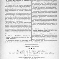 3239 - Page 3094 - Partie scientifique. L'actualité scientifique. Les Thèses. Les méthodes de culture du bacille de Koch appliquées au diagnostic de la tuberculose, Dr R. Delmas (Thèse 1938) / Contribution à l’étude des cuti-réactions à la tuberculine pratiquées en série à l’école, Dr J. Pezé (Thèse 1937) / Corps étrangers permanents du cœur (projectiles d’armes à feu), Dr M. Olivier (Thèse 1938) / Thérapeutique. La sédation de la douleur spasmodique au cours des affections du tube digestif et des voies billaires, par M. Werquin